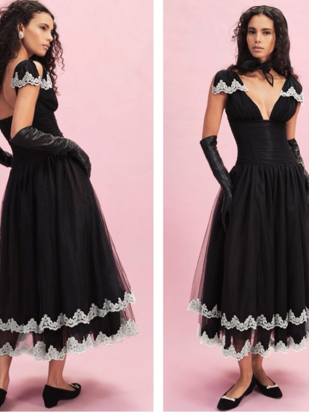 FOR LOVE & LEMONS Nicole Lace Ruched Deep V Tiered Tulle Black Midi Dress Sz 12